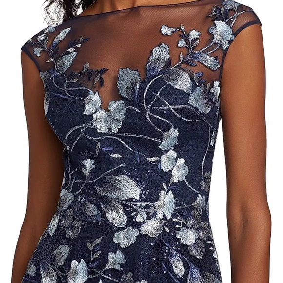 Teri Jon Cap Sleeve Formal Dress Sweetheart Neck, Floral Details, Fit & Flare - Picture 2 of 5